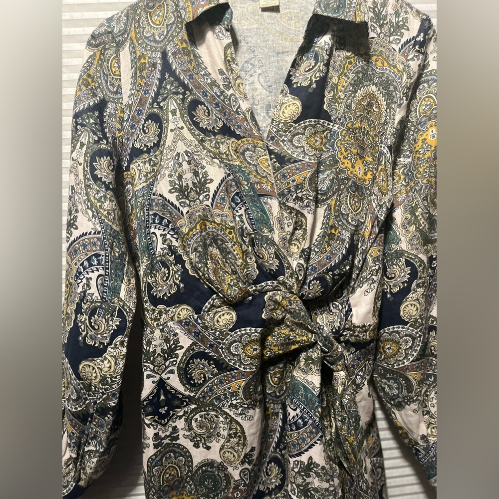 MAGASCHONI Oceanic Paisley 100% Linen Wrap Maxi Party Dress Size 6 Long Sleeve - Picture 2 of 13